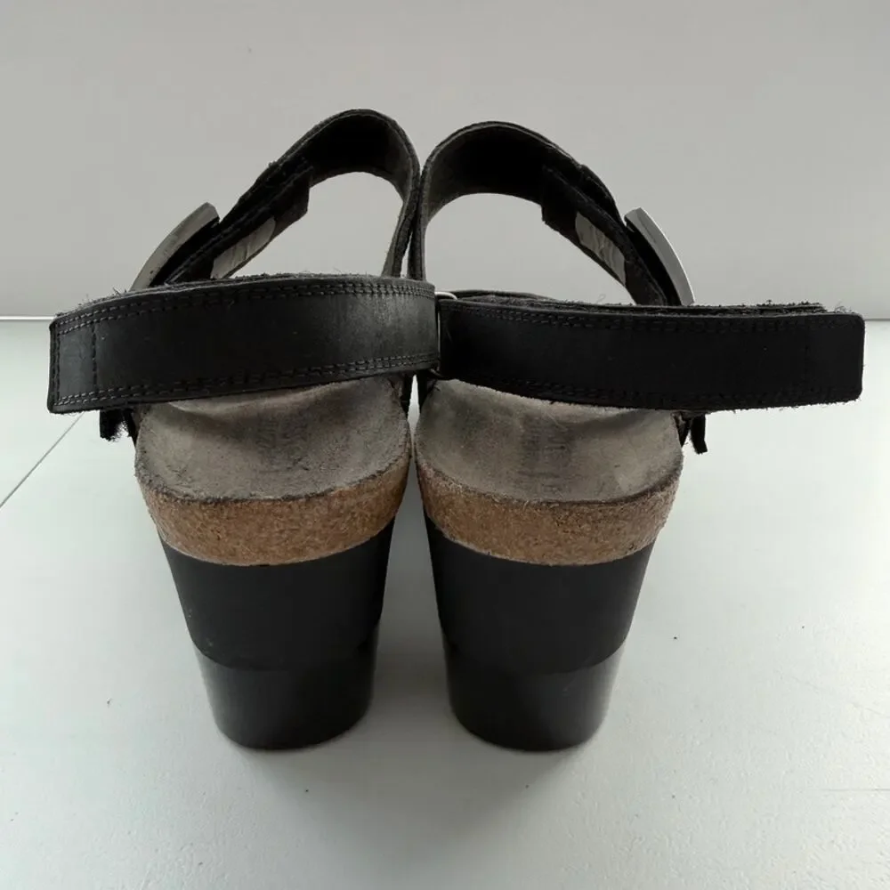 Naot Alpha Print Wedge Sandals Black & Cork Comfort Leather Heels Size 41 US 10